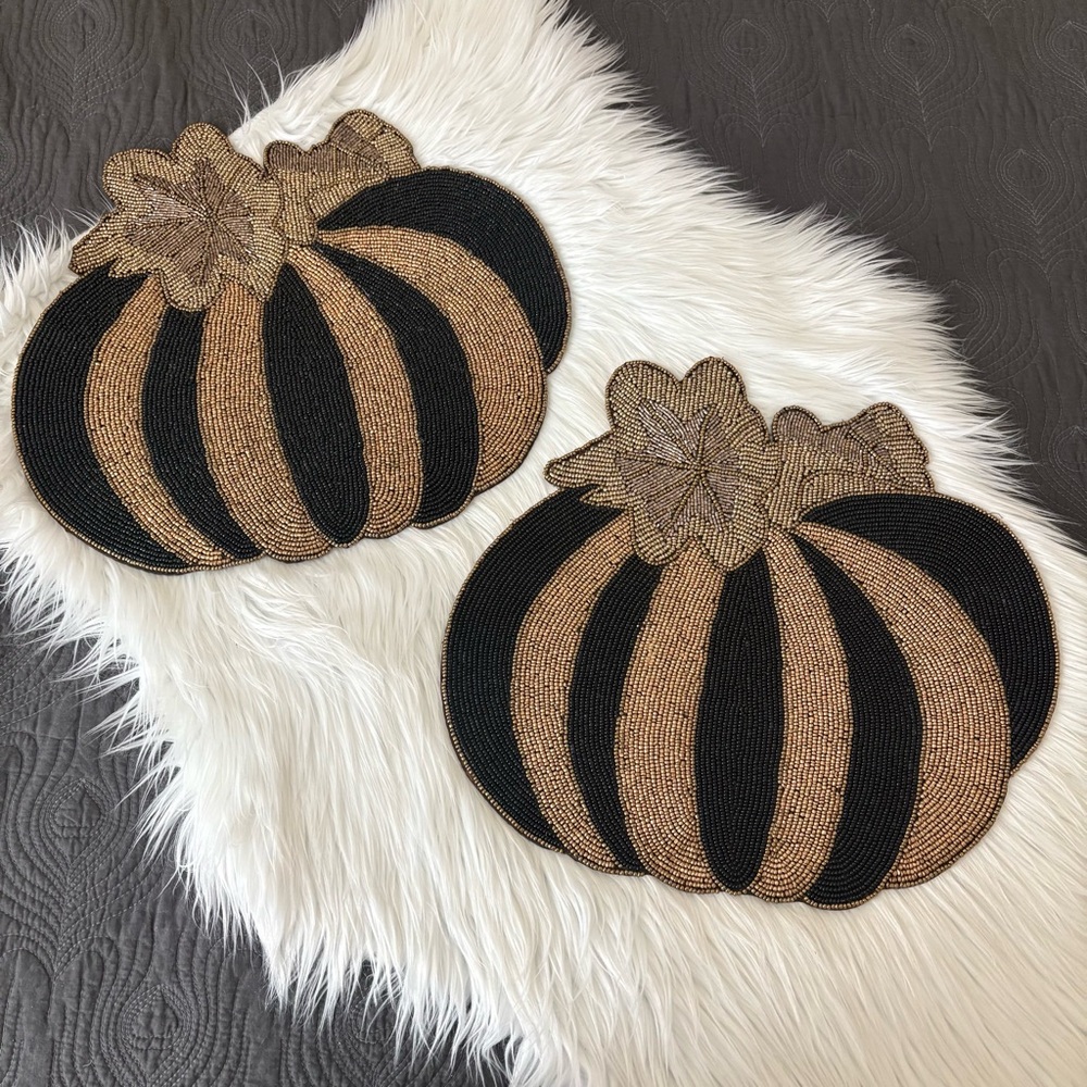 Mackenzie Childs Set of 2 Black & Gold Courtly Striped Beaded Pumpkin Placemats
